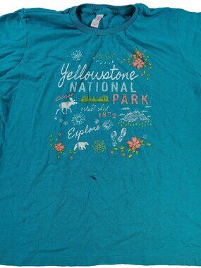 Women's Large Teal Short Sleeve Yellowstone National Park Floral Graphic T-Shirt